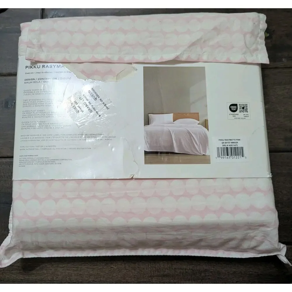 Marimekko Pikku Rasymatto Pink Maija Isola 100% Cotton Queen Sheet Set Polkadots